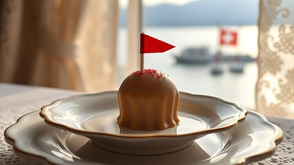 Glowing Swiss lantern with white cross motif, resting on rustic wood with alpine meadow in soft focus.