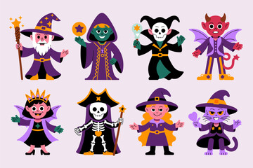 Halloween costume collection with wizard, vampire, skeleton, witch, devil, princess, playful character set, vector