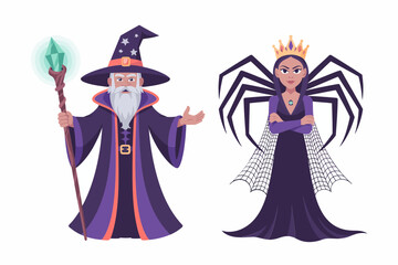 Wizard and spider queen character set with glowing staff, purple robes, Halloween fantasy, vector illustration