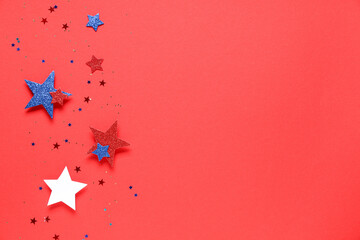 Paper stars in colors of USA flag for Independence Day on red background