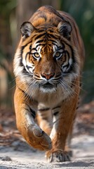 Striking tiger strides forward, powerful and focused. Its intense gaze conveys strength and determination, a true apex predator in motion.