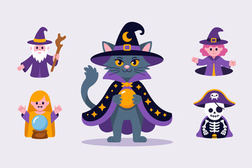 Halloween cat wizard and friends set with witch hat, fairy, skeleton, pumpkin, playful costume collection, vector