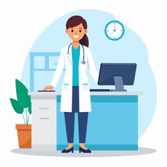 A smiling female doctor stands in her office with a stethoscope, near a desk with a computer and a potted plant.