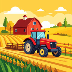 Red tractor working in a vibrant farm landscape with a rustic barn, golden wheat fields, and colorful trees under a warm yellow sky, creating a scene of rural autumn beauty.