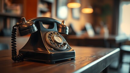Vintage rotary telephone on wooden table with warm lighting and blurred background.