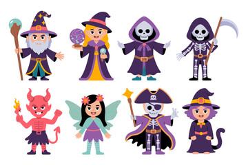 Halloween character collection with wizard, reaper, devil, witch, girl, skeleton, playful costume set, vector