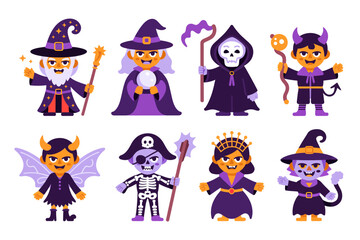 Halloween kids costume set with bat, skeleton, wizard, devil, witch, playful character collection, vector illustration