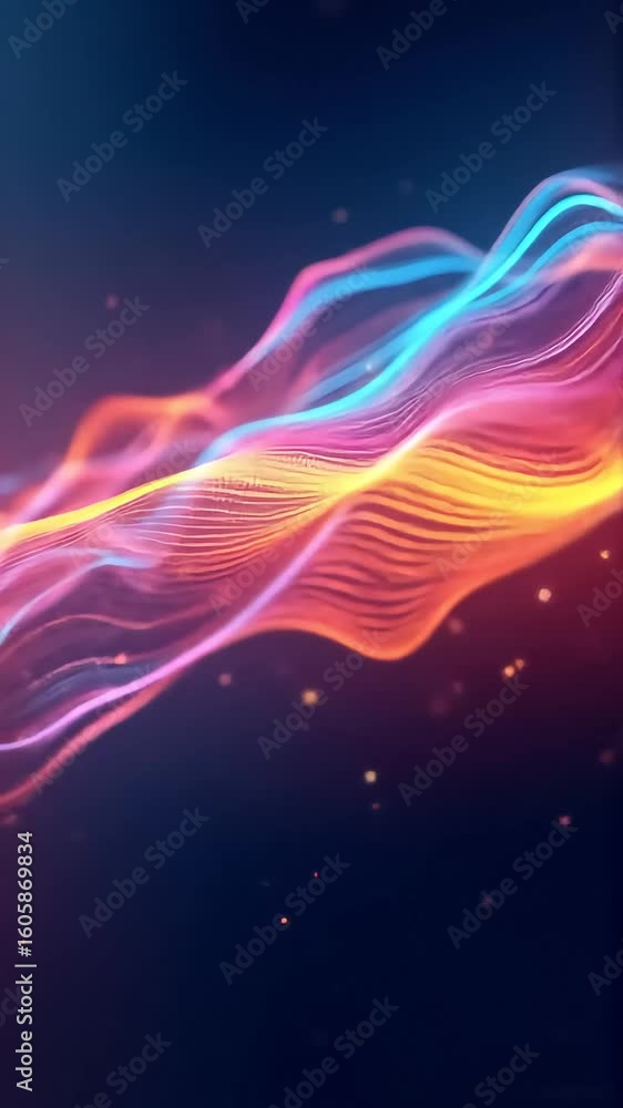 Poster colorful glowing waves flow smoothly in an abstract dark background animation