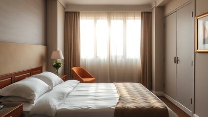 A serene hotel bedroom bathed in morning sunlight, featuring elegant decor and a welcoming atmosphere.