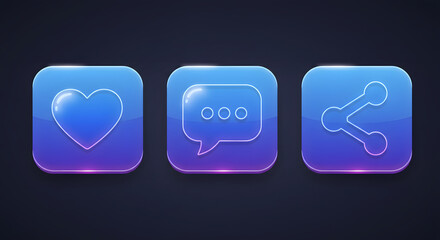 Social Media UI Icons: Heart, Comment, Share - Blue Gradient Glass