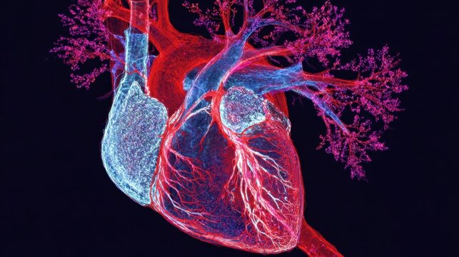 Crosssectional view of a heart with central obstruction demonstrating upstream vessel engorgement in vivid red hues and downstream vessel collapse with bluish tones in a circulatory