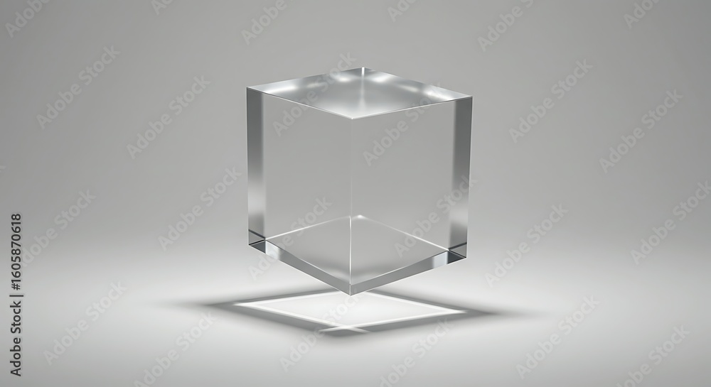 Poster transparent acrylic cube floating casting shadow on a plain light grey background