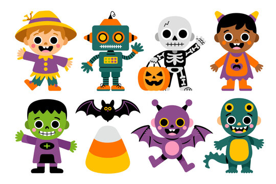 Halloween costume group with witch, robot, skeleton, pumpkin, bat, frankenstein, dinosaur, playful character set - Powered by Adobe