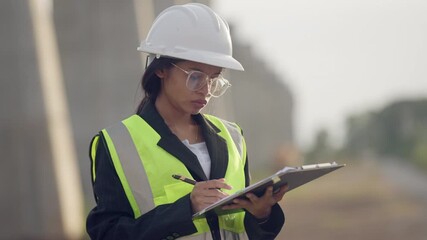 A woman wearing a yellow vest and a hard hat is writing on a clipboard. She is wearing glasses and has a pen in her hand - Powered by Adobe