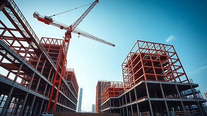 Fototapeta premium Construction site with towering crane and skyscraper framework under daylight, showcasing urban development.