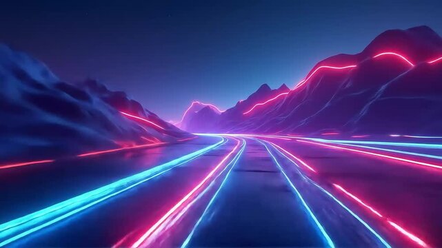 Neon lights trace a futuristic road through a mountainous landscape