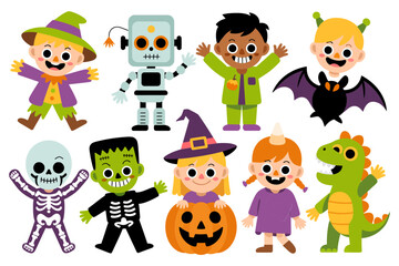 Obraz premium Halloween kids group with witch, frankenstein, pumpkin, skeleton, bat, dinosaur, robot, playful character collection