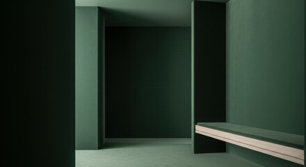 Minimalist green interior with tall walls, soft shadows, and a built-in bench of wood and fabric.