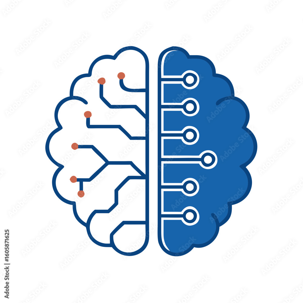 Poster human brain merging with digital circuits represents the integration of technology and intelligence