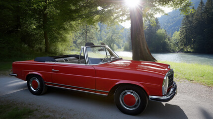 Fototapeta premium Classic red convertible parked by a river under bright sunlit trees