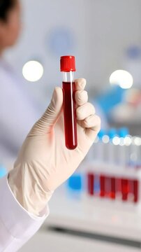 Scientist in lab holding blood sample for medical research and analysis
