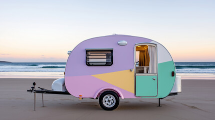 Colorful vintage caravan parked on the beach during sunset in a serene atmosphere