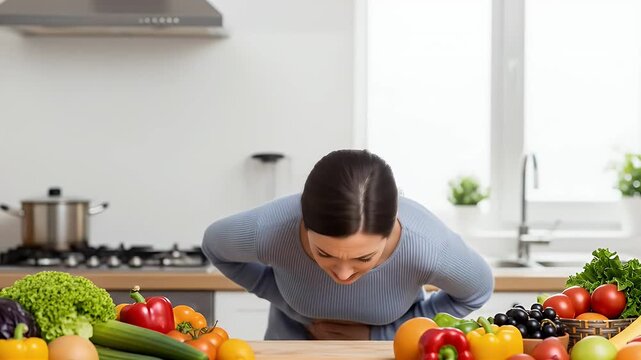 Stomach Discomfort: Woman Experiencing Abdominal Pain After Consuming Fresh Produce in the Kitchen, Emphasizing Digestive Problems and Unhealthy