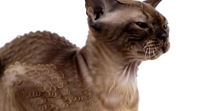 Light Brown Devon Rex Cat Portrait with Curly Fur in Isolated White Background