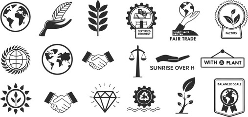 Set of black vector icons collection including nature travel symbols and holiday silhouettes for design use