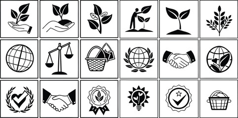 Set of black and white vector icons including summer symbols like tree beach globe and energy ball logo design collection