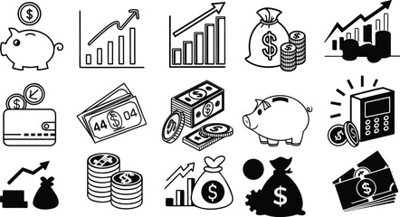 Business and finance vector icon set: web, home, bank, computer, money, internet, house, and box symbols for modern design illustration