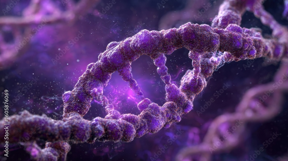 Aufkleber microscopic view of dna structure deteriorating gradually with a swirling purple radiation field hig