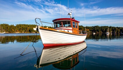 Reflections of a moored vessel on a serene waterfront, showcasing tranquility and nautical charm