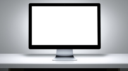 Fototapeta premium Blank computer monitor on white desk with soft backlighting in a modern setting
