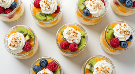 Delicious mini fruit desserts with whipped cream and fresh berries, ready to enjoy as a treat.