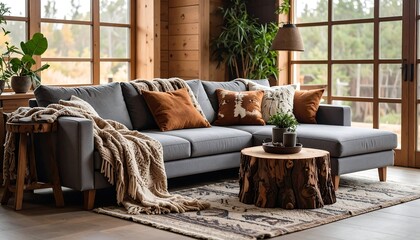 Rustic living room with a gray sectional sofa and natural wood elements design