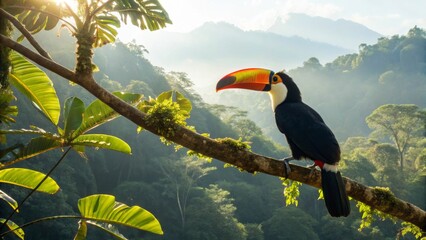 Obraz premium Vibrant Toucan Perched on Branch in Lush Tropical Forest Setting