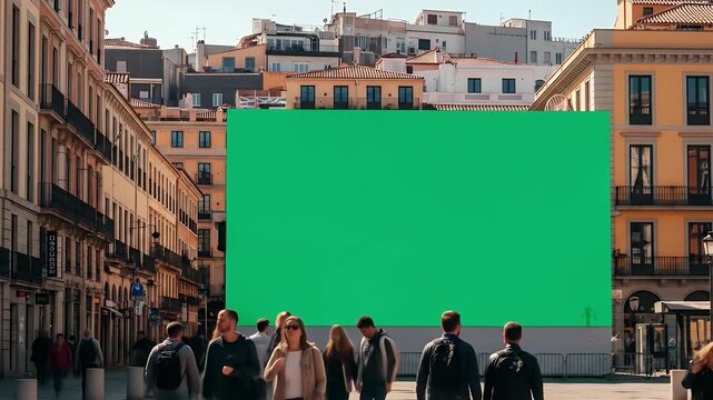 Pedestrians pass by large green screen displays in an urban plaza with historic buildings providing a vivid backdrop ideal for creative compositing
