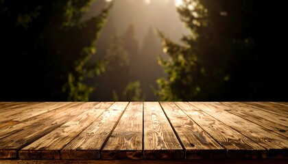 Rustic wooden surface with a blurred forest backdrop creating an enchanting ambiance