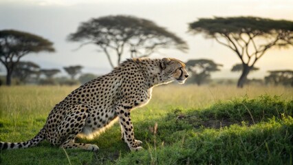 Naklejka premium Elegant Cheetah Stalking Prey in African Savanna at Sunrise