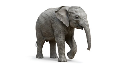 Naklejka premium A young baby elephant calf walking and looking forward, isolated on a pure white background. A detailed, full-body studio portrait of the wild animal.