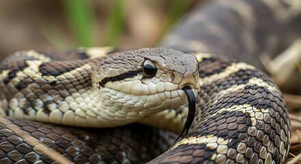 Obraz premium Close-up view of a snake's head and upper body.