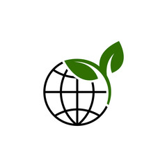 A minimalist logo design that combines a semicircular globe icon with two green leaves at the bottom. It symbolizes global connection, sustainability, and environmental awareness. Suitable for eco-fri