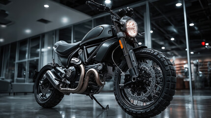 Custom Motorcycle With Large Wheels In Modern Setting