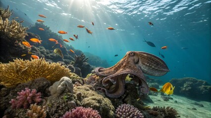 Obraz premium Underwater Scene with Octopus and Colorful Marine Life in Reef