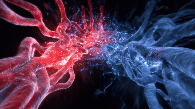 Dynamic graphic illustrating obstructive shock mechanism with glowing redhot vessels on the inflow side of the clot and dim blue vessels beyond blockage emphasizing circulation disruption.