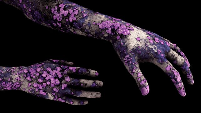 Medical visualization of purple skin necrosis and blistering along extremities caused by fulminant sepsis.