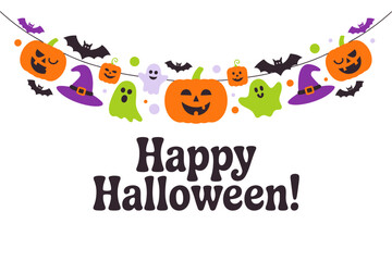 Happy Halloween frame with pumpkin garland, bats, festive bunting, vector illustration, party border design