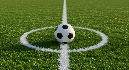 Soccer ball on the green field, ready for an exciting sports game to begin