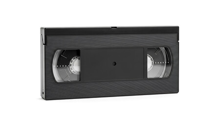 Obraz premium Black VHS tape isolated on white, showcasing retro video technology.